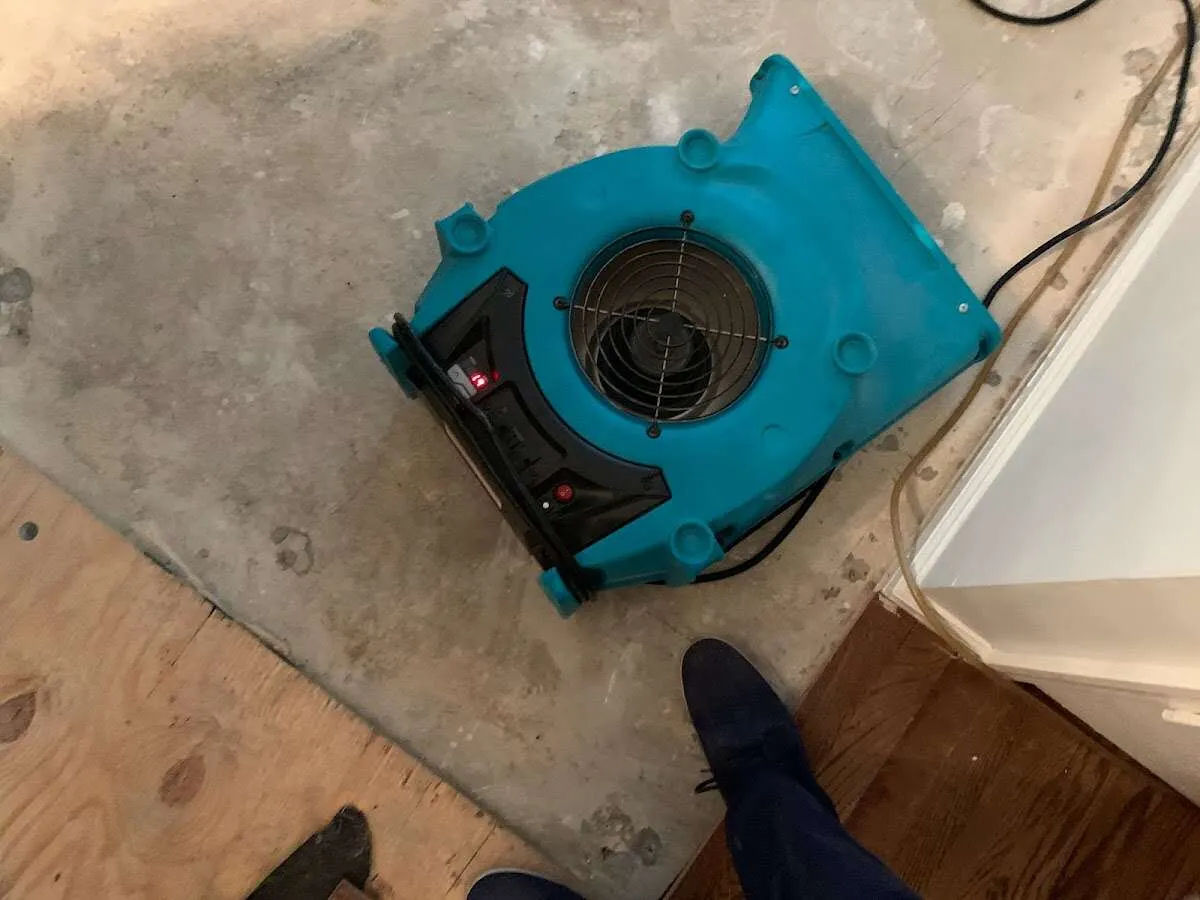 Air mover drying subfloor during Leak Detection & Repair in Summerfield
